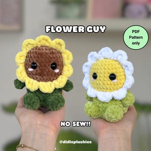 May include: Two crocheted flower plushies, one with a yellow and brown head and the other with a yellow and white head. The plushies have green bodies and are labeled "Flower Guy" and "No Sew!!". A green circle reads "PDF Pattern only".