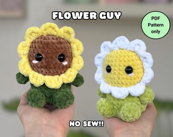 May include: Two crocheted flower plushies, one with a yellow and brown head and the other with a yellow and white head. The plushies have green bodies and are labeled "Flower Guy" and "No Sew!!". A green circle reads "PDF Pattern only".