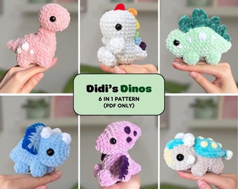 6 in 1 Dino Crochet Pattern Bundle | includes 6 different low-sew dino patterns | Didisplushies