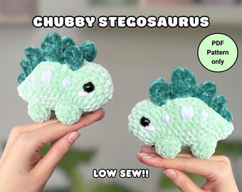 May include: Two handmade, light green crochet stegosaurus plushies with dark green spines and white spots. The text "CHUBBY STEGOSAURUS" and "LOW SEW!!" are displayed. A small circle reads "PDF Pattern only". The shop's name, "@didisplushies", is also visible.