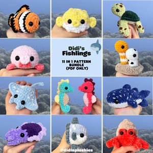11 in 1 Fishlings Crochet Pattern Bundle | includes 11 different low- and no-sew sea animal patterns | Didisplushies