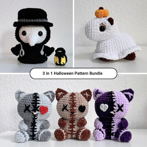 Crochet Halloween Plushie Pattern Bundle | Spooky Kitties, Capy-Ghost, Plague Doctor (PDF Pattern)
