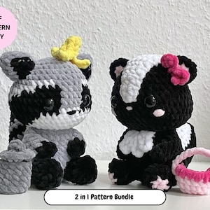 May include: PDF crochet pattern for two amigurumi toys: a raccoon with a yellow bird on its head and a skunk with a pink bow. The pattern includes instructions for making both toys and is titled "2 in 1 Pattern Bundle".