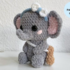 Baby Elephant Crochet Pattern | cute elephant with bow headband and peanut bag | intermediate crochet pattern | amigurumi | Didisplushies