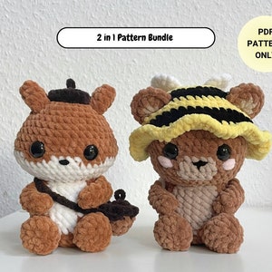May include: A crochet pattern bundle featuring two adorable amigurumi plushies: a brown fox wearing a black beret and a brown bear wearing a yellow and black striped bee hat. The pattern is available as a PDF download.  2 in 1 Pattern Bundle PDF PATTERN ONLY