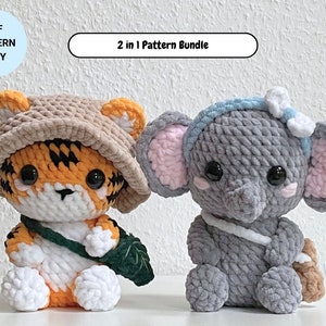 May include: Two crocheted amigurumi toys, a tiger wearing a brown hat and an elephant wearing a blue headband. The toys are both holding small bags. The image text reads "2 in 1 Pattern Bundle".