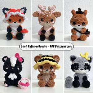6 in 1 パターン バンドル | バッグ付き森の動物 | 赤ちゃん鹿、キツネ、スカンク、クマ、リス、アライグマのかぎ針編みパターン | Didisplushies