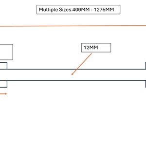 May include: Diagram of a metal bar with measurements in millimeters. The bar has two holes on either end, each with a 6 mm hole with a countersink. The bar is available in multiple sizes from 400 mm to 1275 mm.