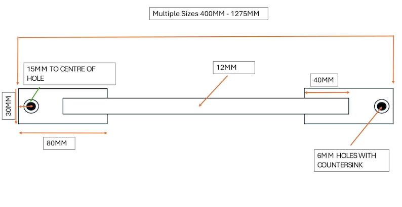 May include: Diagram of a metal bar with measurements in millimeters. The bar has two holes on either end, each with a 6 mm hole with a countersink. The bar is available in multiple sizes from 400 mm to 1275 mm.