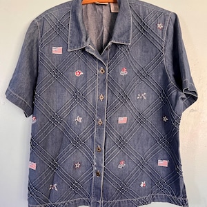Vintage Denim Blue Jean Shirt Embroidered and Beaded