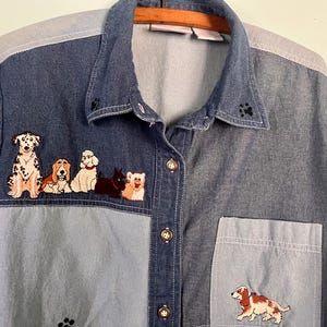 Vintage Denim Blue Jean Shirt Dog Embroidery