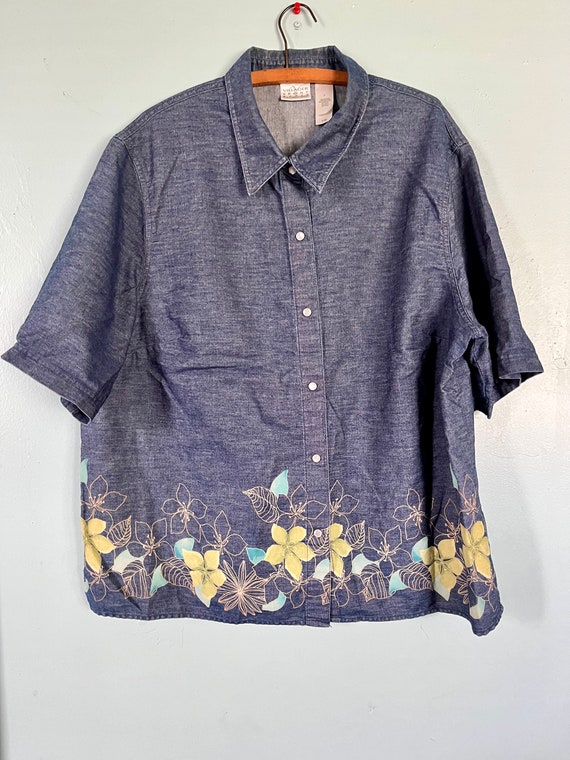 Plus Size Denim Blue Jean Shirt Floral Print