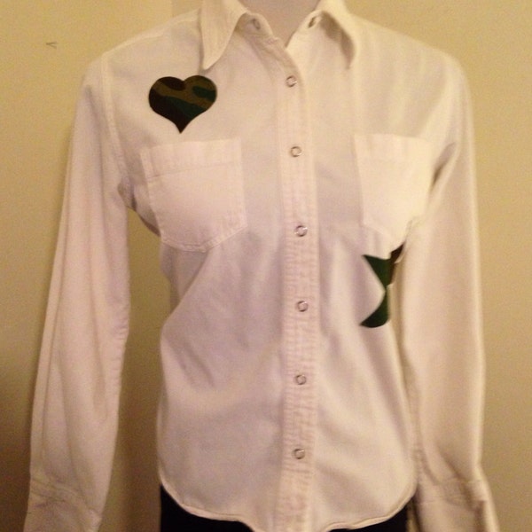Altered Couture Upcycled Denim Shirt Refashioned White Denim and Camo Festival Clothing