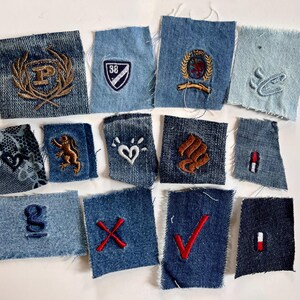 May include: A collection of fourteen rectangular denim fabric swatches featuring various embroidered designs, including a letter P in a wreath, a shield with the number 38, a lion, a heart, a letter g, a red X, a red checkmark, and other logos.