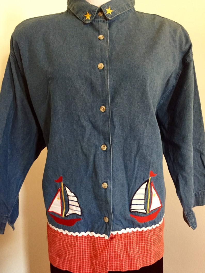 Vintage Plus Size Nautical Denim Shirt Jacket Blue Jean