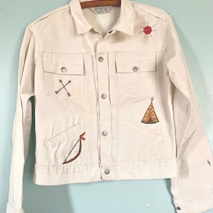 1970’s Vintage White Denim Jean Jacket with Hand Embroidered Designs