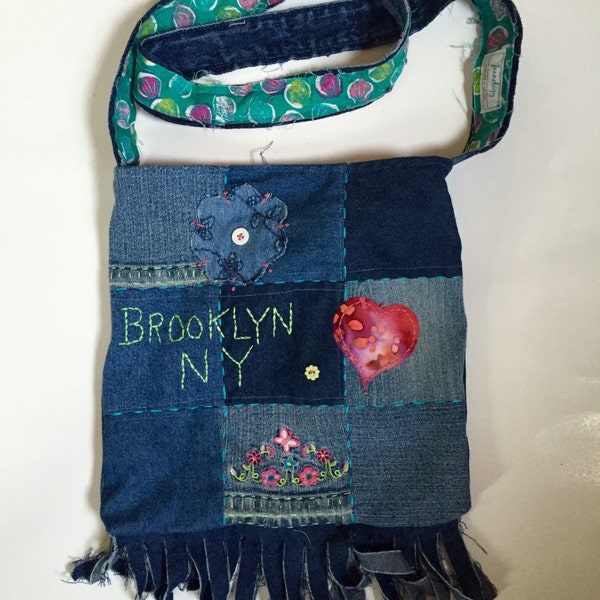 Purse Recycled Blue Jean Embroidered Purse Tote Brooklyn NY Hippie Gypsy Bohemian Festival Woodstock