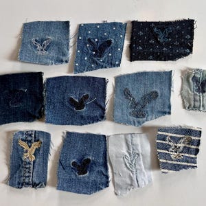 May include: Eleven rectangular denim fabric swatches in various shades of blue, ranging from light to dark. Each swatch features a small embroidered eagle logo in different colors, including white, black, gold, and blue, with some fabric patterns.