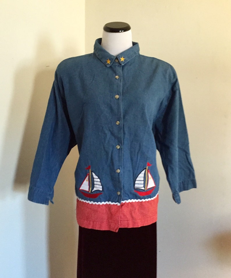 Vintage Plus Size Nautical Denim Shirt Jacket Blue Jean