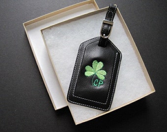 Leather Tag with Shamrock/Clover Design, Two Initials, and Gift Box