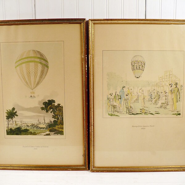 Vintage Hot Air Balloon Framed Antique Print Set Lot Pair Illustration Art 1800s