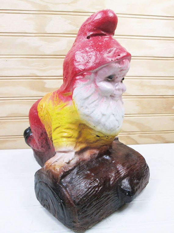 Vintage Cement Garden Gnome Red Hat On Log Yard Elf Statue | Etsy