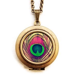 Bohemian Photo Locket Necklace Colorful Peacock Feather image 1