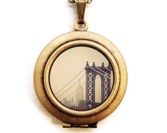 First We Take Manhattan - New York Manhattan Bridge Photo Locket Necklace