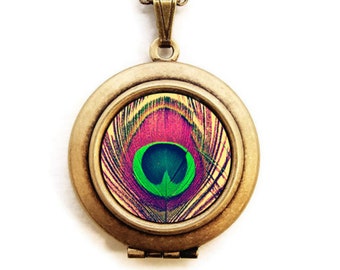 Bohemian - Photo Locket Necklace - Colorful Peacock Feather