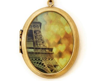 Photo Locket - Paris In The Snow - Romantic Eiffel Tower with Bokeh Hearts Photo Locket Necklace