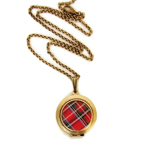 Plaid Tartan Locket - Vintage Red Plaid Scottish Fabric Locket Necklace