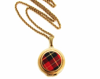 Tartan Plaid Locket - Vintage Red Plaid Scottish Fabric Locket Necklace