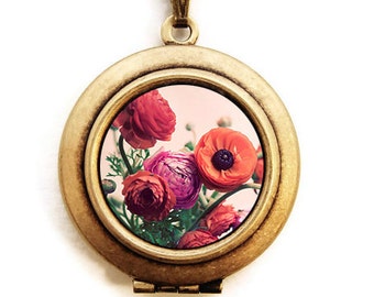 Photo Locket - Bouquet Ranunculus - Pink and Coral Flower Ranunculus Photo Locket Necklace