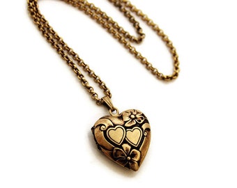 Gold Heart Locket - Pretty Double Heart Locket Necklace