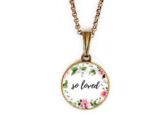 so loved Floral Pendant Necklace - Statement Inspirational Word Wear Art Pendant Charm Necklace