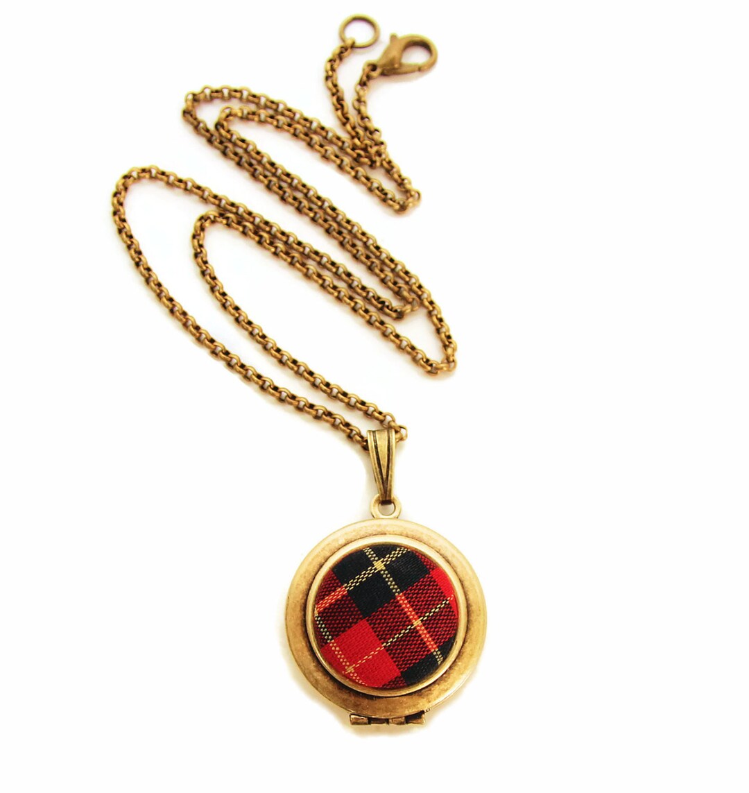 Cloth Locket Tartan Plaid Locket - Vintage Red Plaid Scottish Fabric Locket Necklace ...