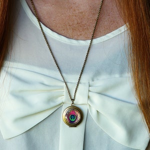 Bohemian Photo Locket Necklace Colorful Peacock Feather image 3