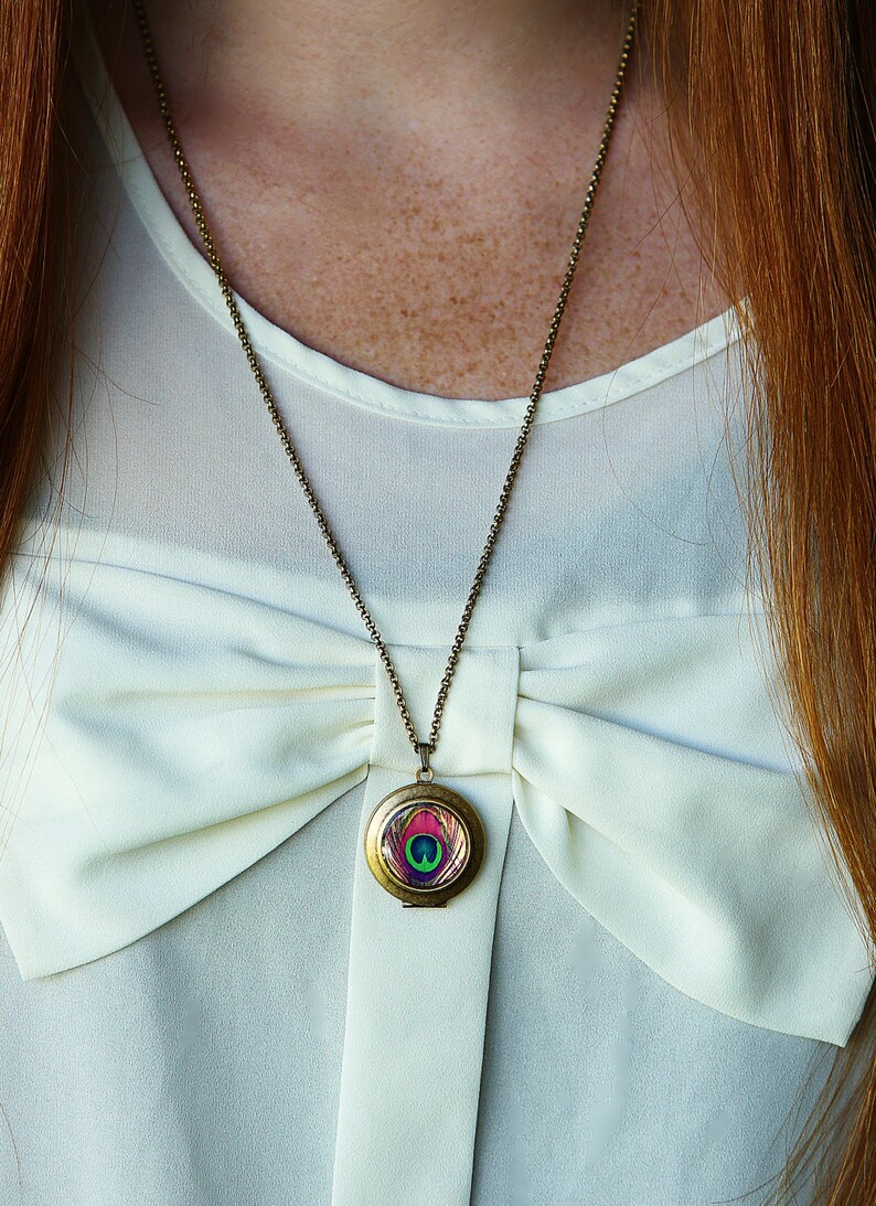 Bohemian Photo Locket Necklace Colorful Peacock Feather image 3