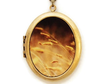 Photo Locket - Amber - Golden Sun-Kissed Stalks Nature Landscape Photo Locket Necklace