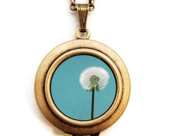 I Wish For A Blue Sky - Dandelion Flower Photo Locket Necklace Keepsake Treasure Gift For Her Garden Floral