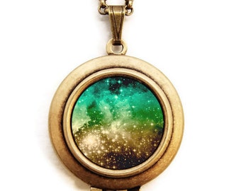 Galaxy - Photo Locket - Constellation Stars Cosmic Heaven Galaxy Photo Locket Necklace