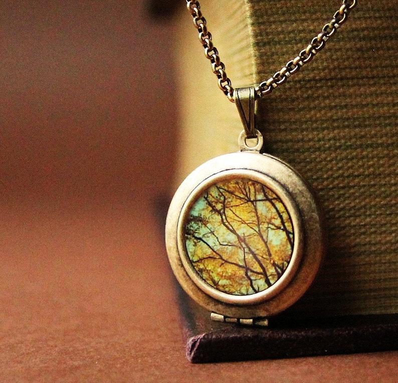 May include: A gold locket necklace with a round, brass-colored pendant featuring a nature scene of a forest with trees and branches in shades of yellow, brown, and blue.