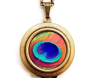 The Eye - Photo Locket Necklace - Colorful Peacock Feather