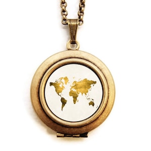 World Map Locket Let Love Light The Way Gold World Map Photo Locket Necklace image 1