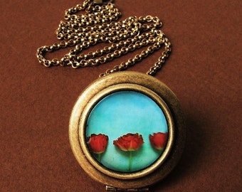 Agua- Photo Art Locket Necklace - Red Tulips Floral Flower