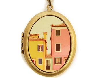 Photo Locket - C'mon Get Happy - Pastel Houses in Italy Photo Locket Necklace