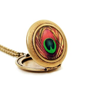 Bohemian Photo Locket Necklace Colorful Peacock Feather image 4