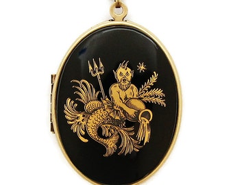 Aquarius - Vintage Zodiac Locket Necklace - Rare Black And Gold Astrology Sun Sign Aquarius Water Bearer Glass Cabochon Locket