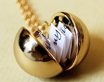 Shiny Gold Secret Message Locket -  Gold Ball Locket Necklace - Gift for Her - Stocking Stuffer