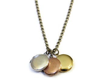 Tiny Charm Lockets - Mixed Metals Triple Edition Locket Necklace